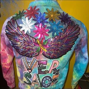 Custom sprayed distressed bomber denim jacket